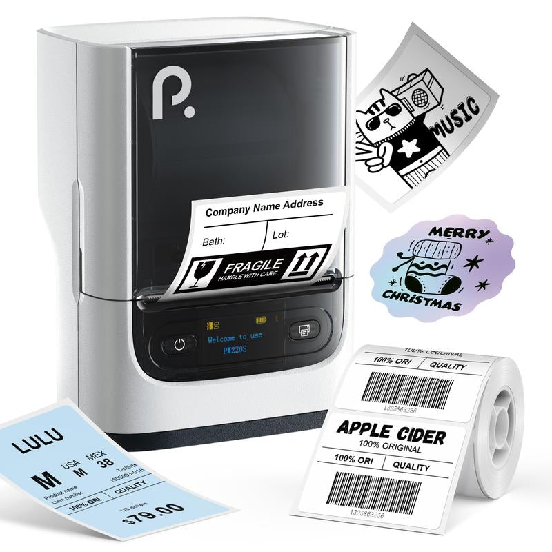 POLONO PM220S Label Makers, Bluetooth Portable Thermal Printer Barcode Label Printer for Small Business, Address, Logo, Office, Mailing, Sticker Printer for Phones & PC, Light White Printer