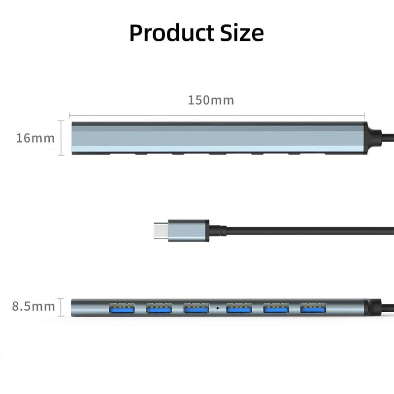 7 Ports USB C to USB 3.0 Hub Aluminium, USB Splitter USB Extender for PC Laptop, Macbook, Mac Pro/Mini, Imac, Ps4, PS5, Surface Pro,Flash Drive, Samsung