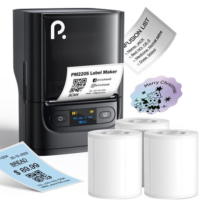 POLONO PM220S Label Makers, Bluetooth Portable Thermal Printer Barcode Label Printer for Small Business, Address, Logo, Office, Mailing, Sticker Printer for Phones & PC, Light White Printer